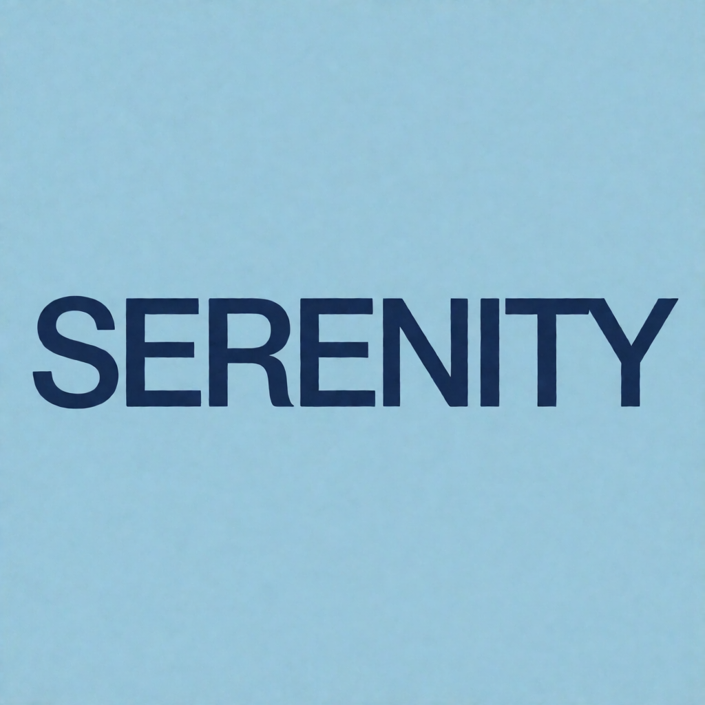 The word 'SERENITY' written large and centered on a solid li