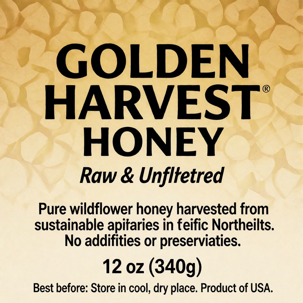 A product label for 'GOLDEN HARVEST ORGANIC HONEY' with subt