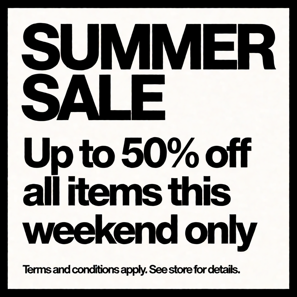 A poster with headline 'SUMMER SALE' in large bold text, bod