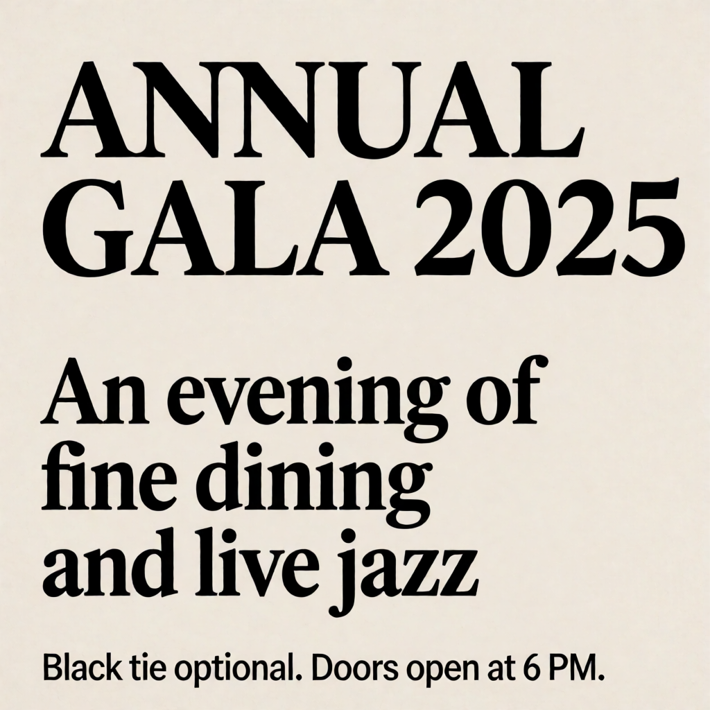 An event banner with headline 'ANNUAL GALA 2025' at the top