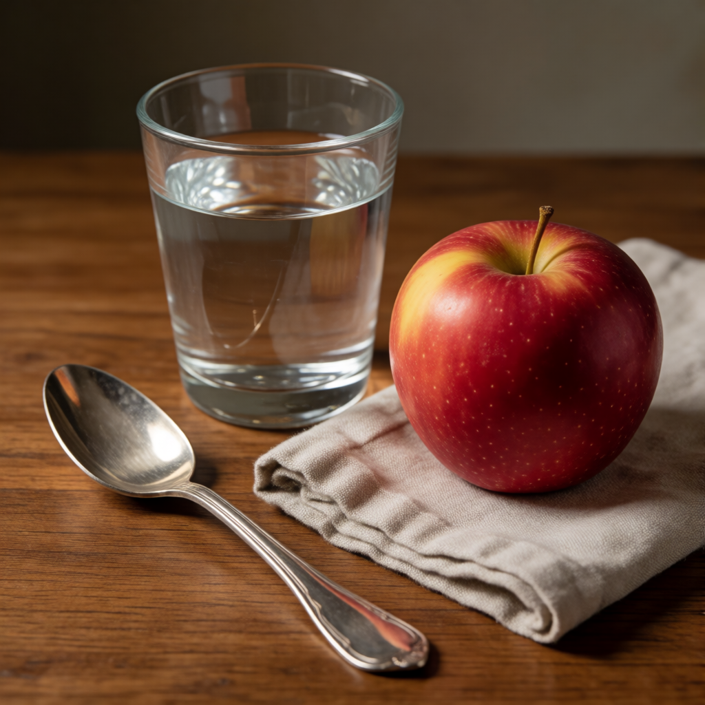 A still life on a wooden table featuring a clear glass of wa
