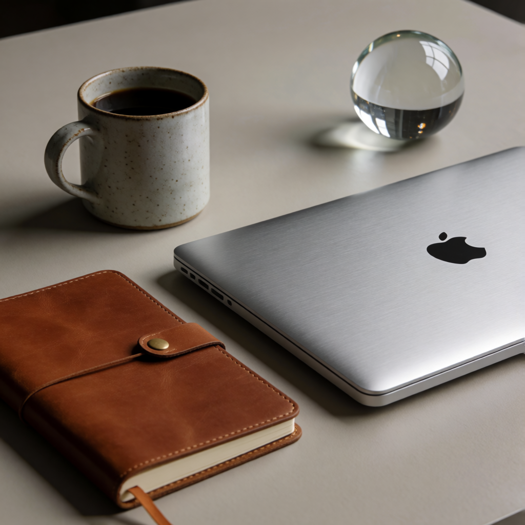 A workspace desk with a brushed aluminum laptop, a leather-b