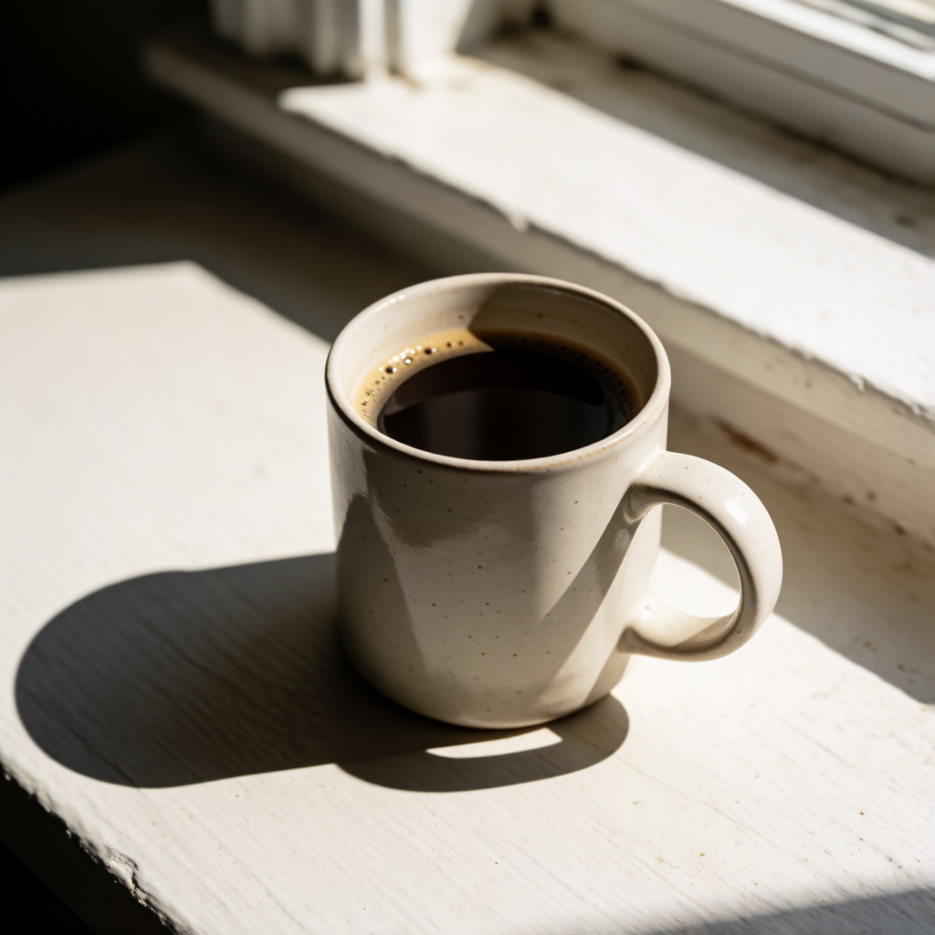 A coffee mug on a sunny windowsill casting a sharp shadow to