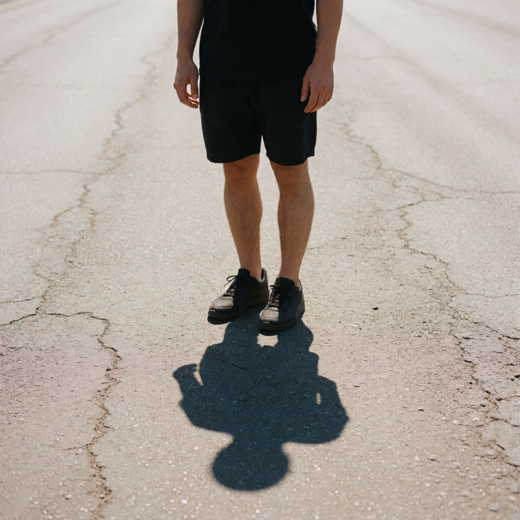 A person standing outdoors at midday with a short shadow dir