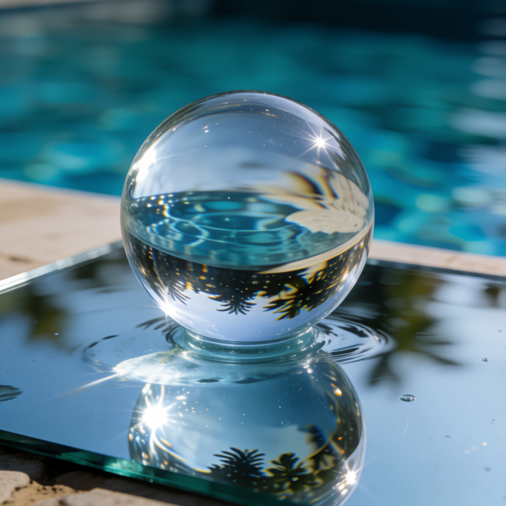 A clear glass sphere sitting on a mirror surface near a pool
