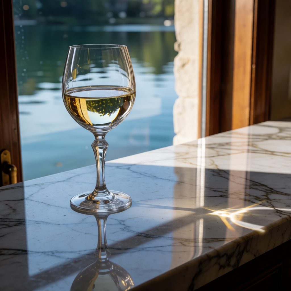 A crystal wine glass on a polished marble counter next to a