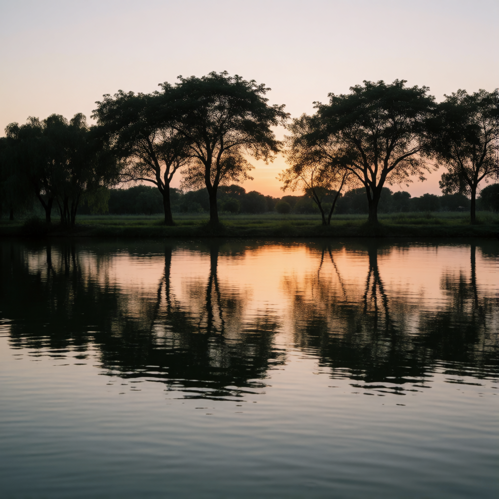 A row of trees reflected in a calm lake at sunset, with the