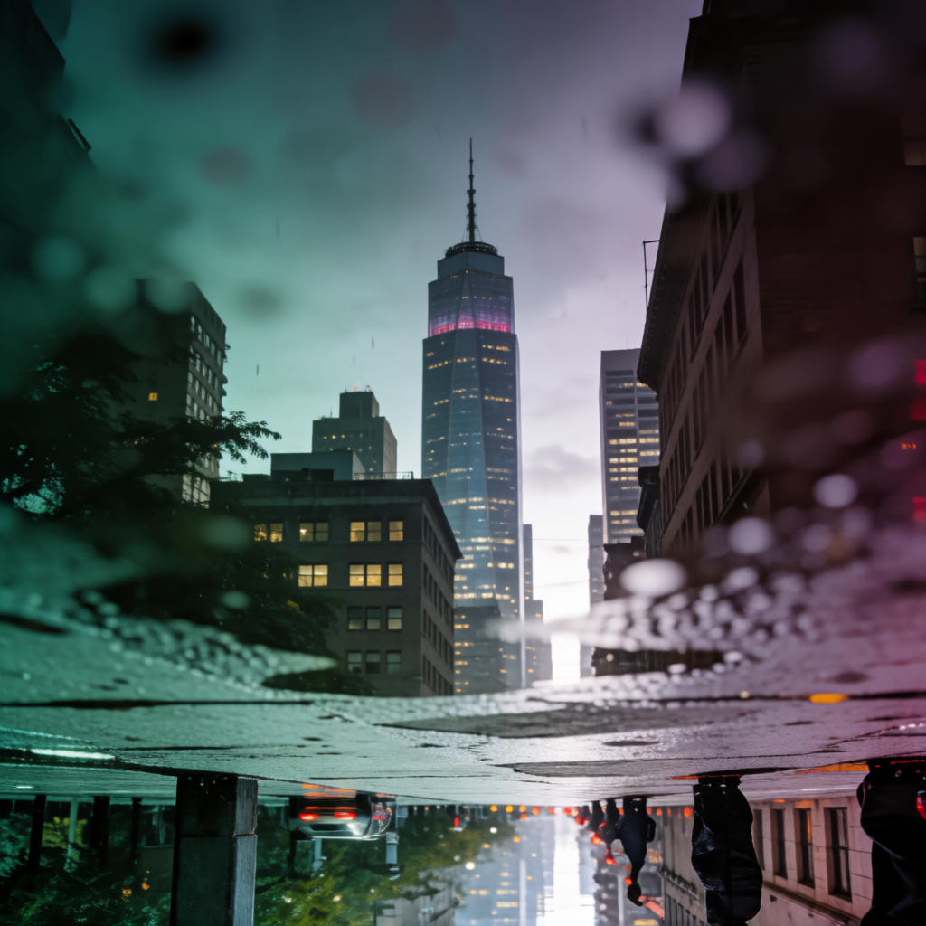 A city skyline reflected in a rain puddle on a street, with