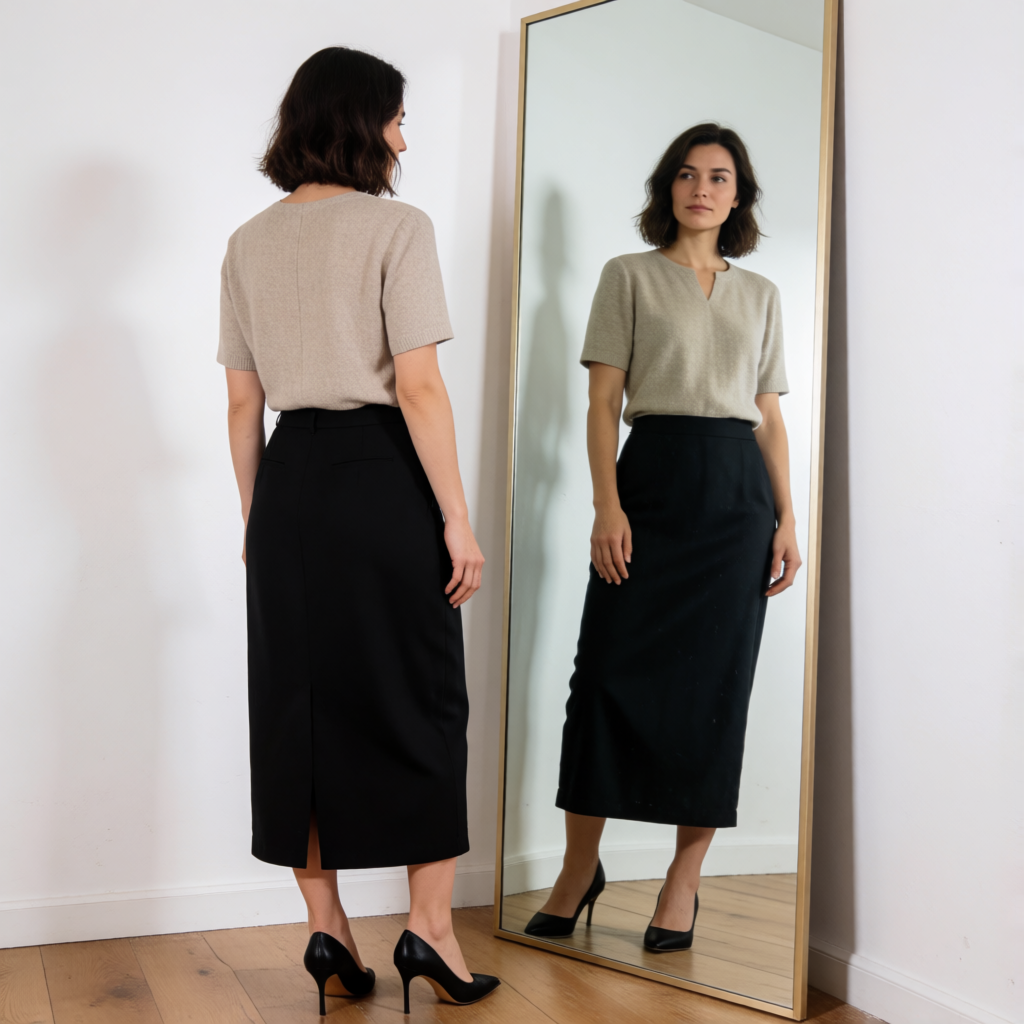 A woman standing in front of a full-length mirror, her refle