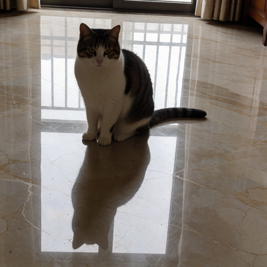 A cat sitting on a polished marble floor with its reflection