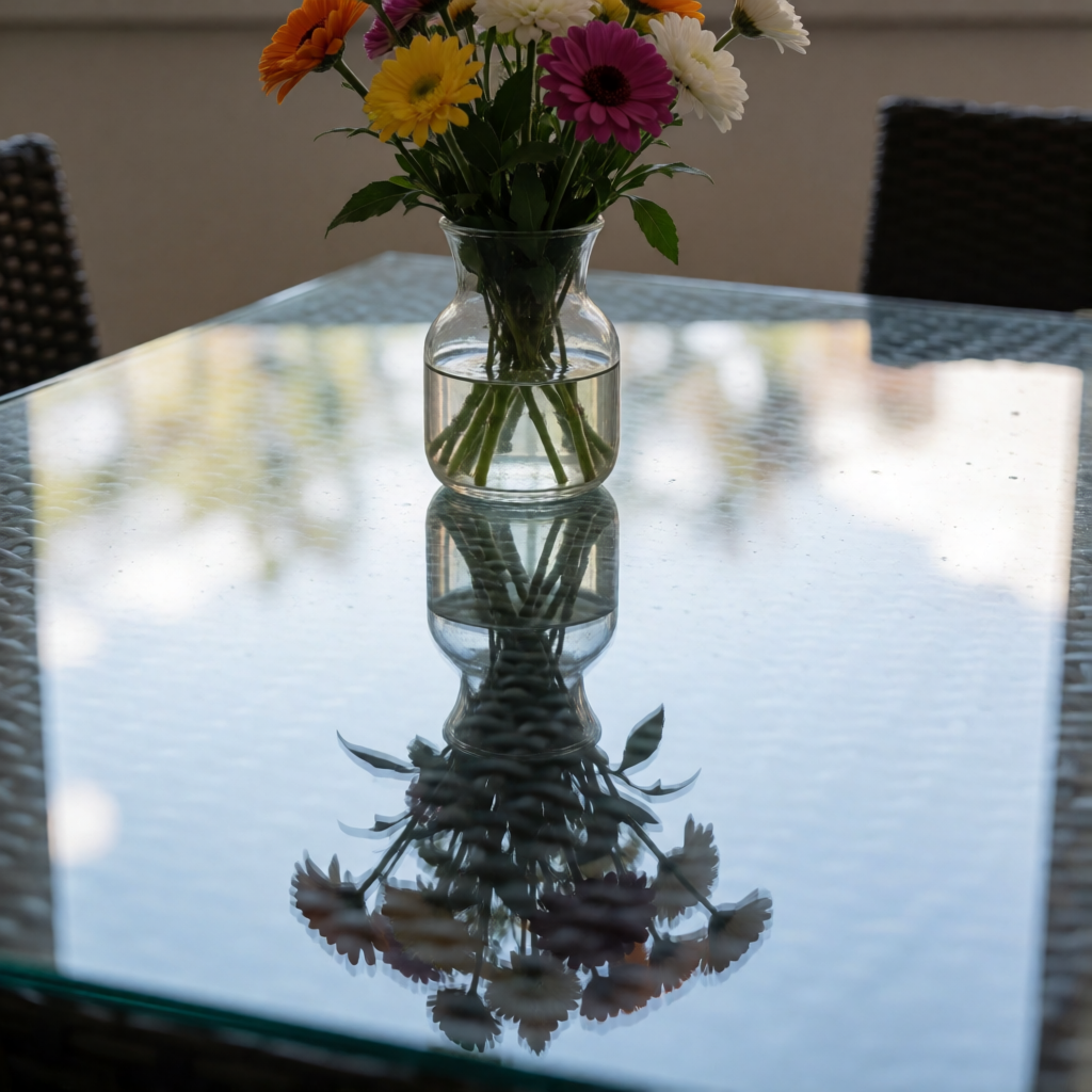 A vase of flowers on a glass table with a clear reflection v