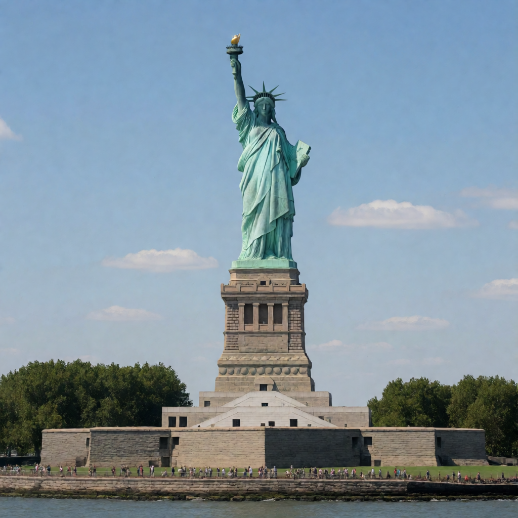 The Statue of Liberty on her island pedestal, with correct t