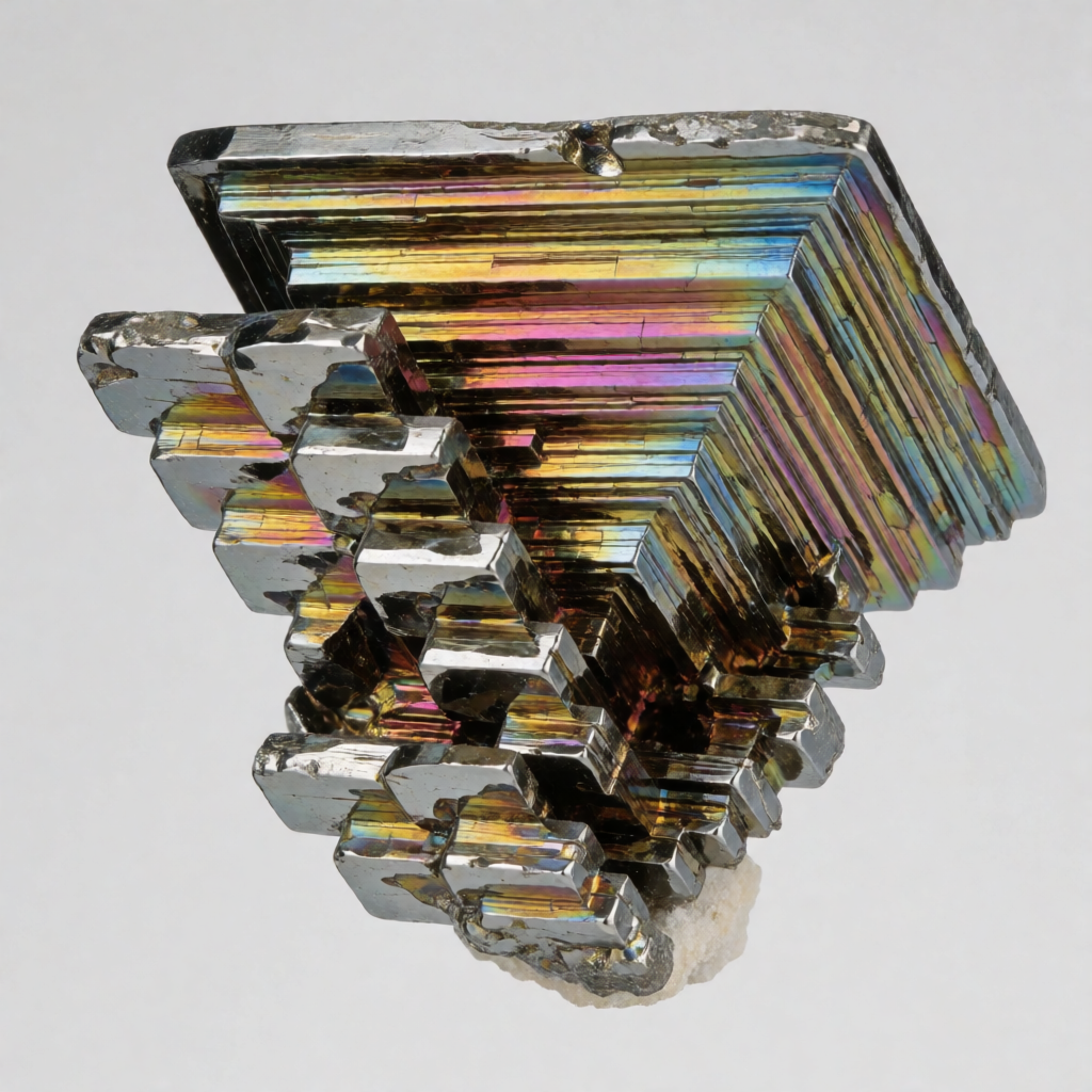 A specimen of bismuth crystal showing accurate iridescent ox
