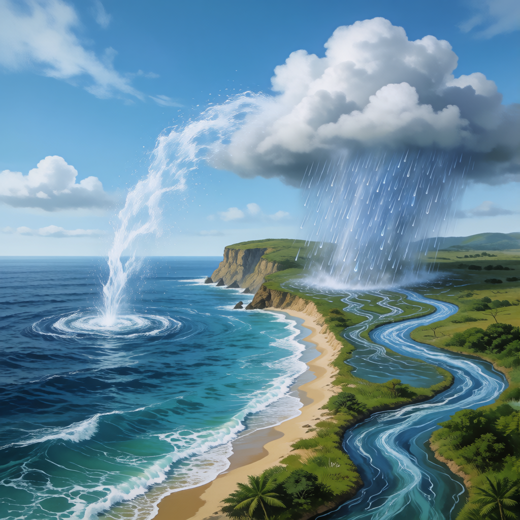A detailed diagram of the water cycle showing evaporation fr
