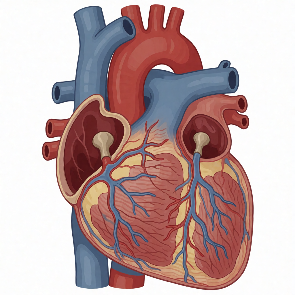 An anatomical illustration of the human heart showing four c