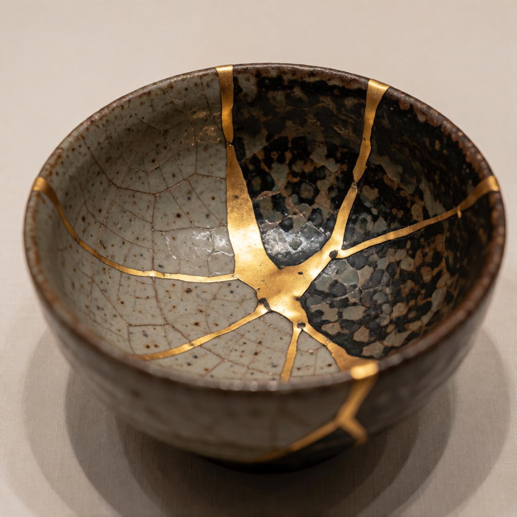 A Japanese kintsugi bowl — cracked ceramic repaired with vis