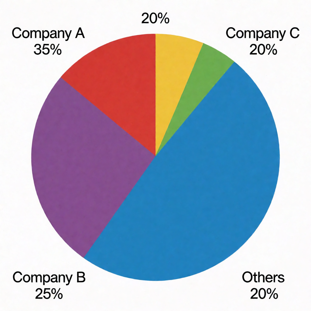 A pie chart showing market share: Company A 35%, Company B 2