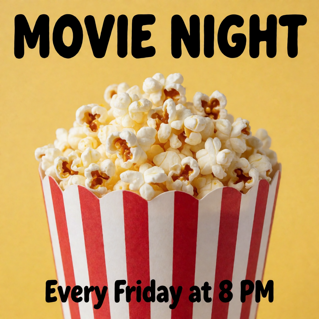 A movie night poster with a large popcorn image in the cente