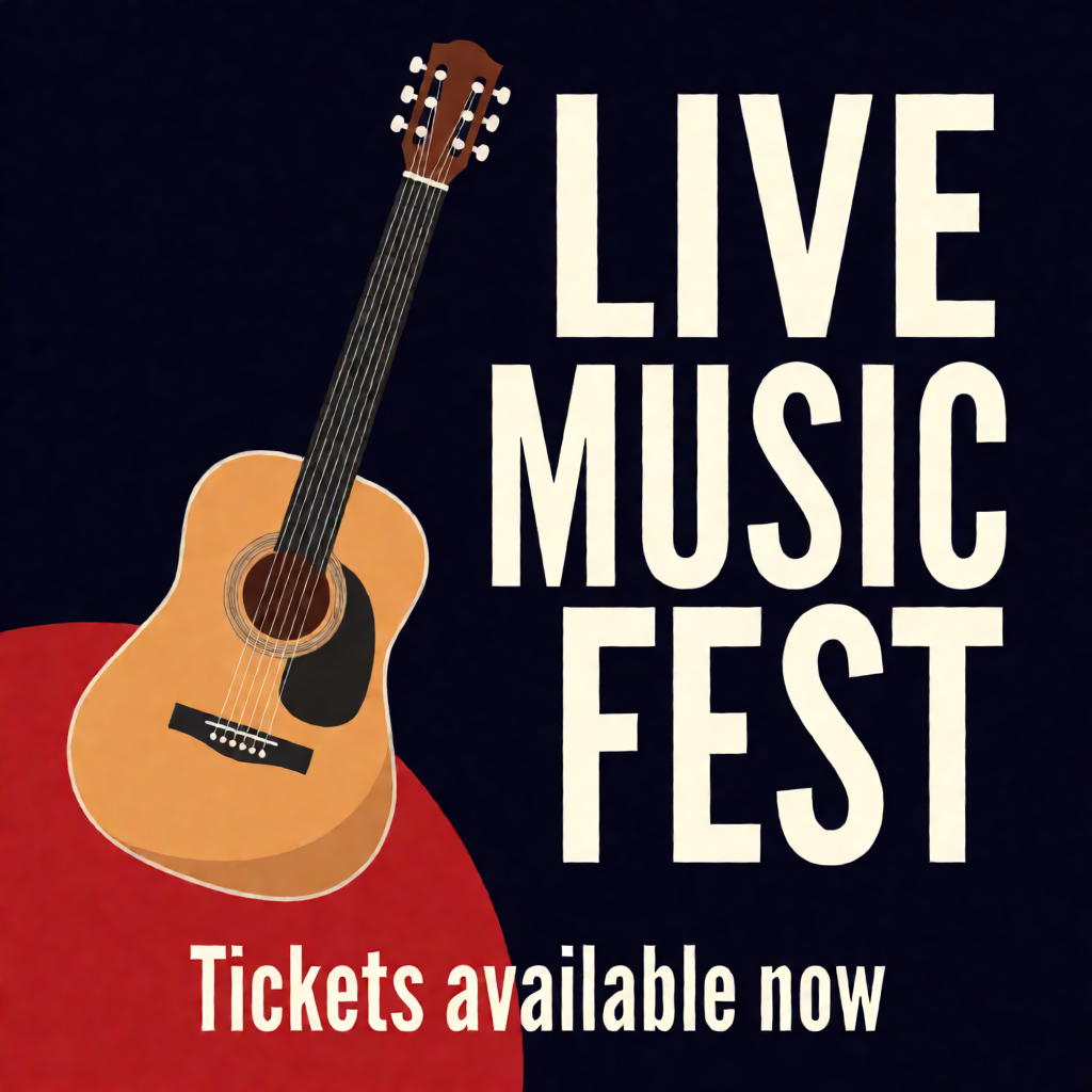 An event poster featuring a guitar illustration, the headlin