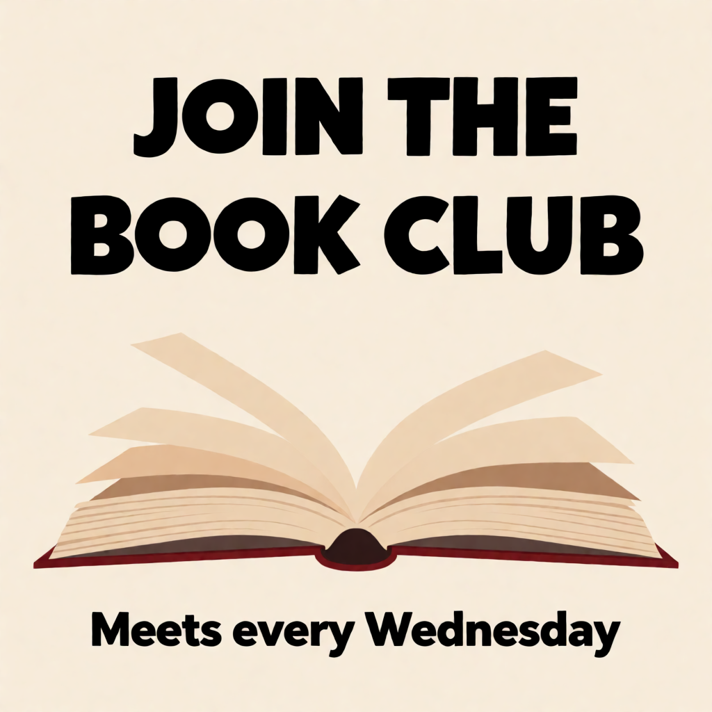 A book club poster with an open book illustration, the title