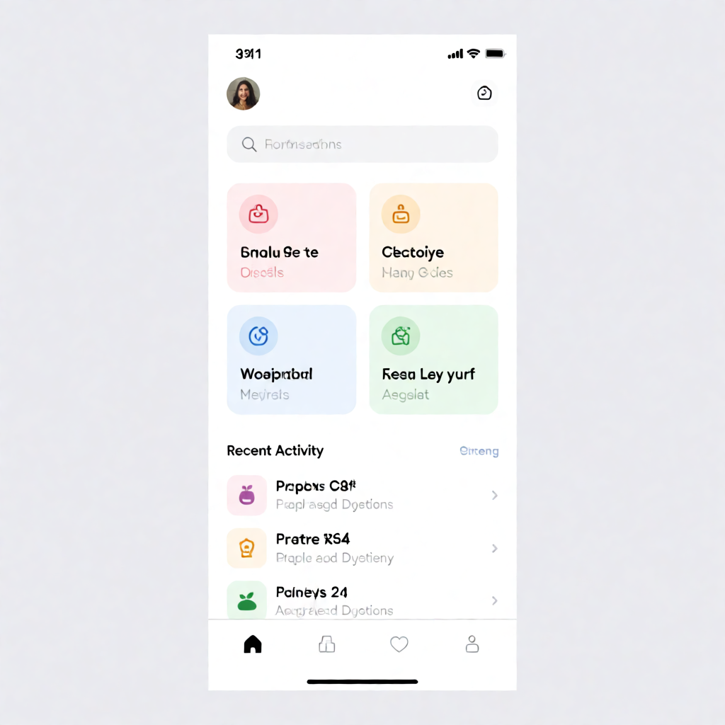 A mobile app UI mockup showing a dashboard with a top naviga