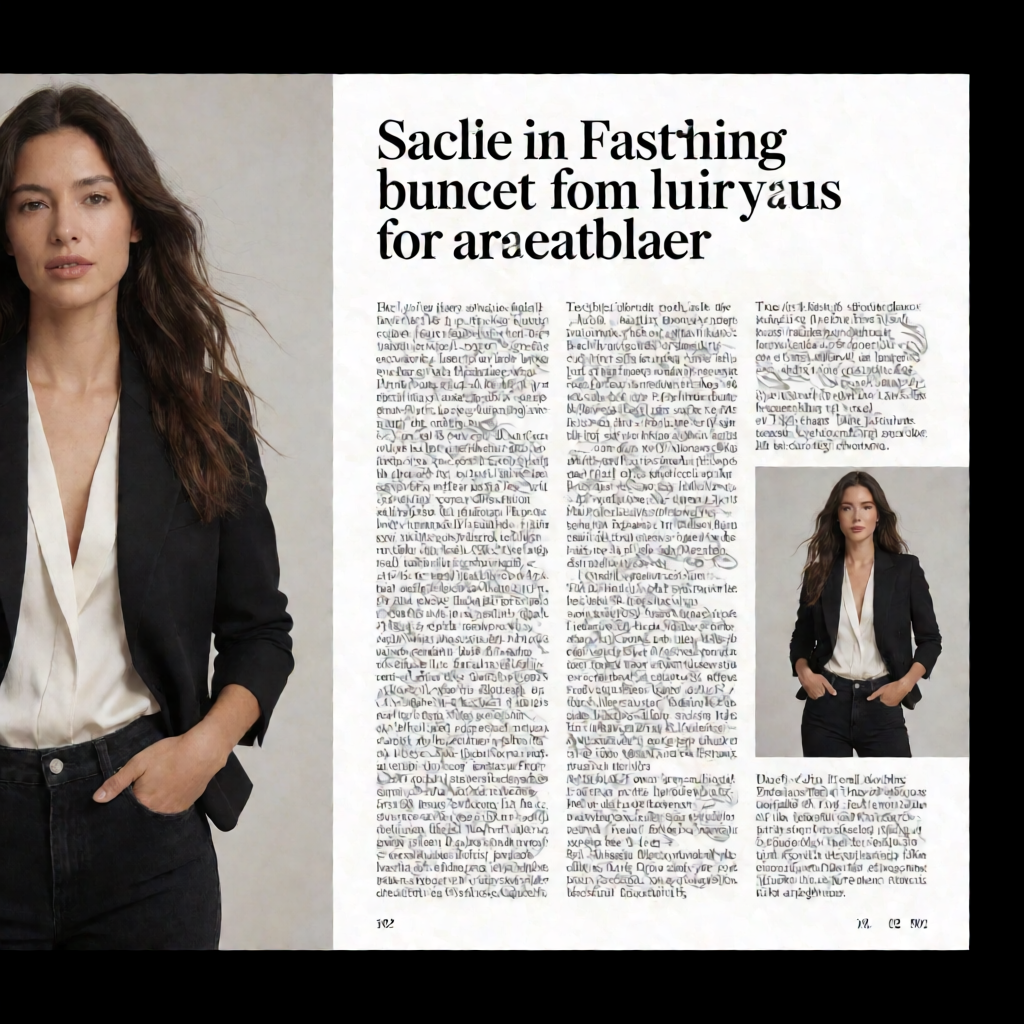 A fashion magazine spread with a full-bleed left-page photo,