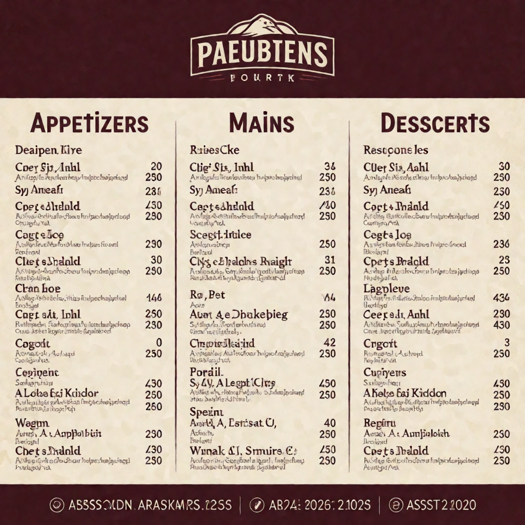 A restaurant menu layout with a logo header, three category 