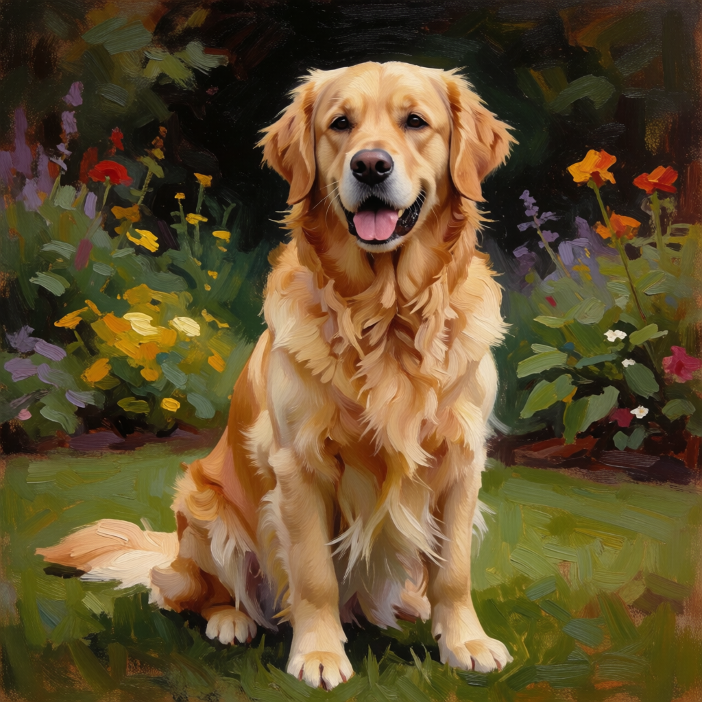 A golden retriever sitting in a garden, painted in the style