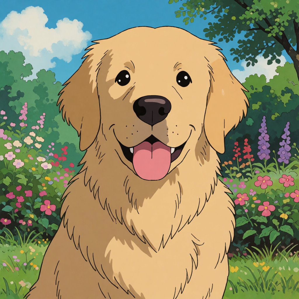 A golden retriever sitting in a garden, rendered in Japanese