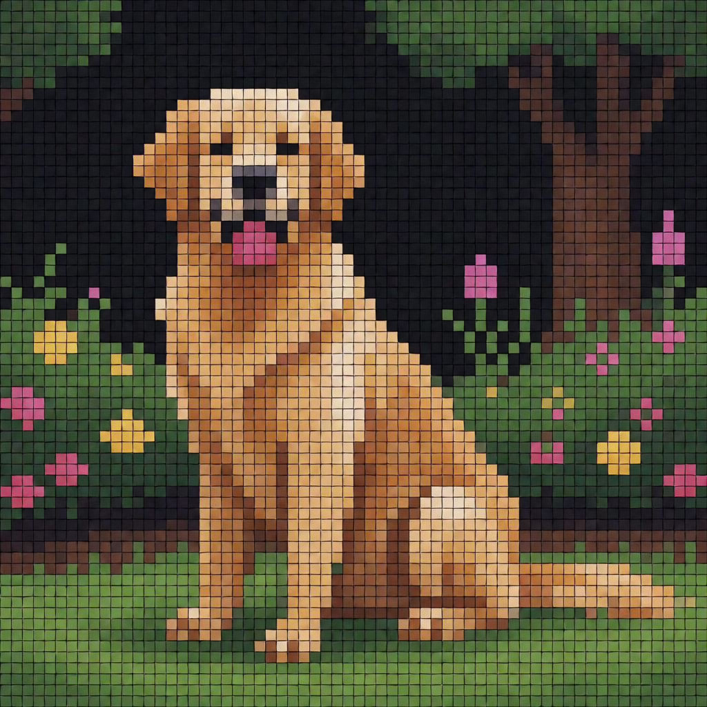 A golden retriever sitting in a garden, rendered in pixel ar