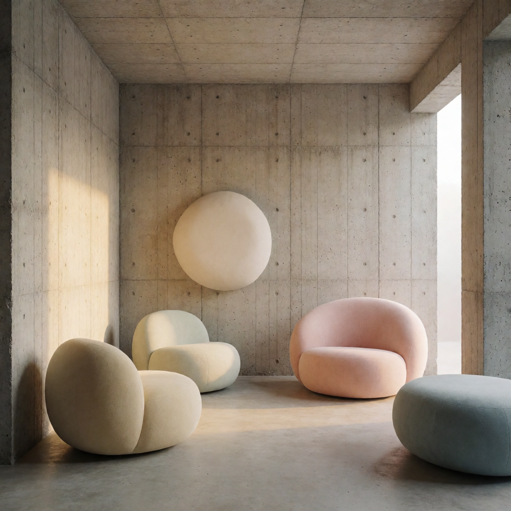 An interior scene rendered in soft brutalism — raw concrete 
