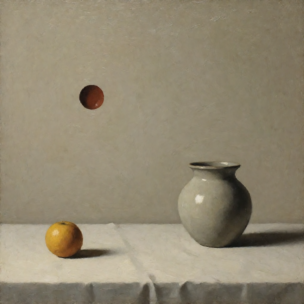 A still life painted in anxious minimalism — sparse composit