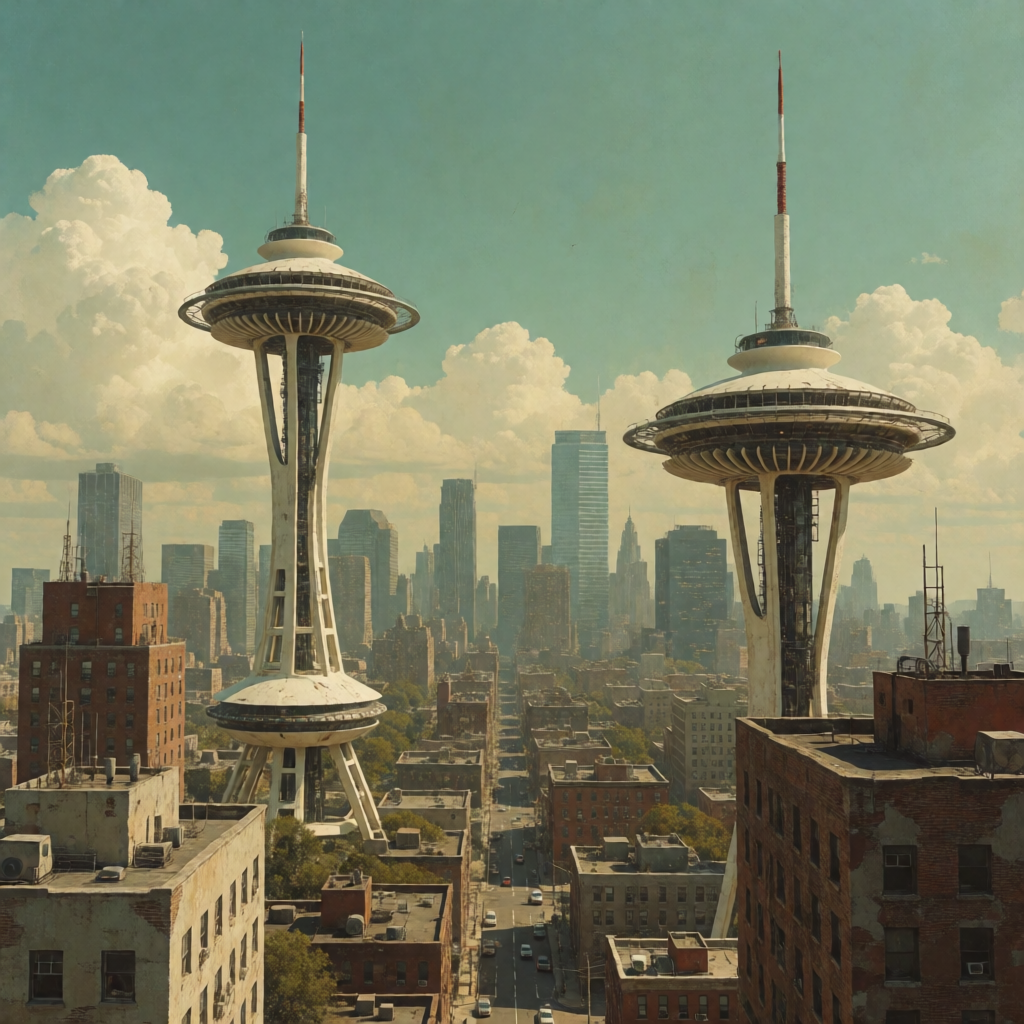 A cityscape rendered in nostalgic futurism — retro-futuristi