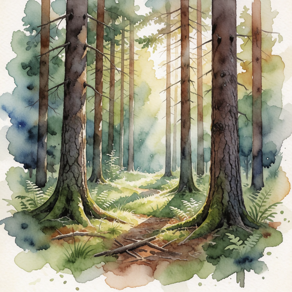 A forest rendered in photorealistic watercolor — the detail 