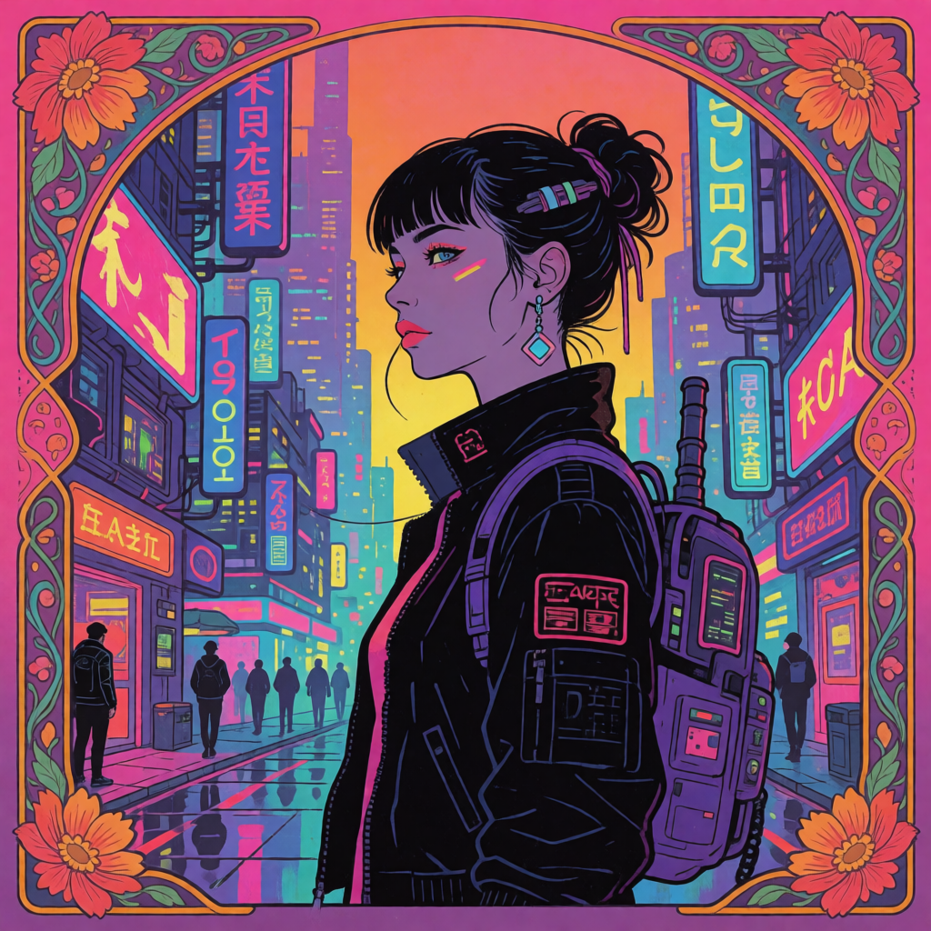 A woman in a futuristic city rendered in cyberpunk Art Nouve