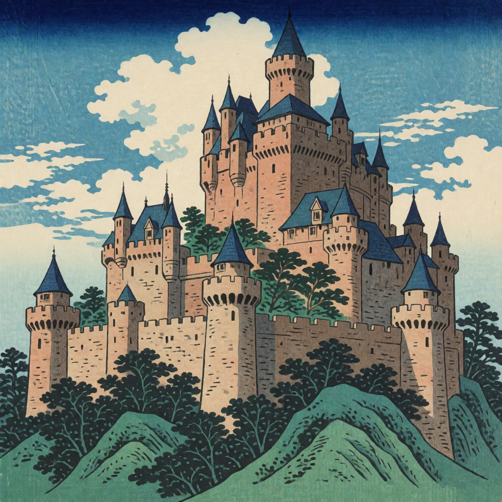 A medieval castle depicted in Japanese ukiyo-e woodblock pri