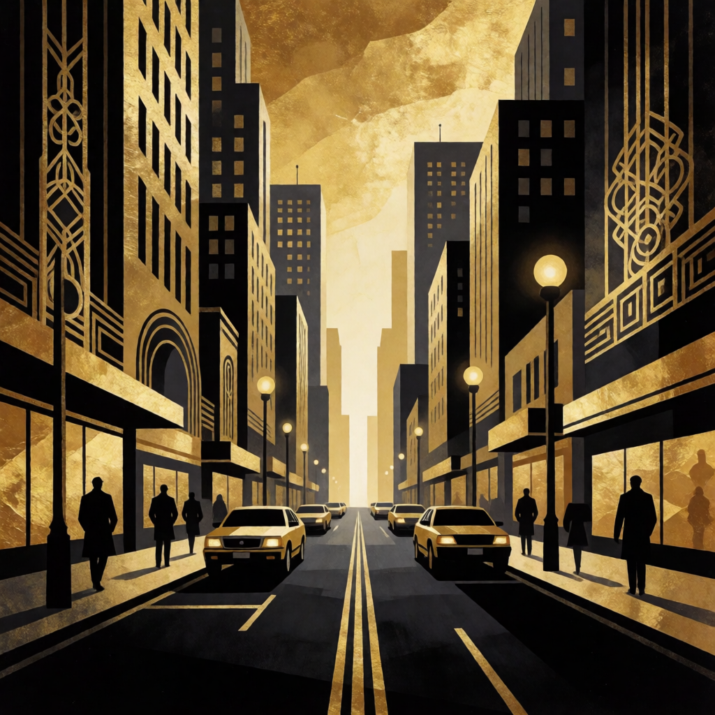 A city street scene in the style of Art Deco — geometric sha