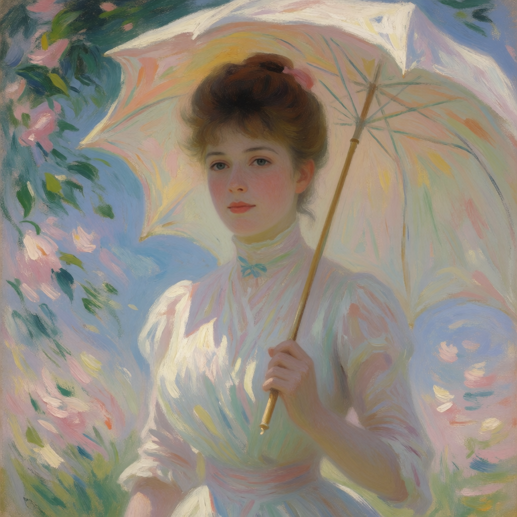 A woman with a parasol in the style of Impressionism — soft 