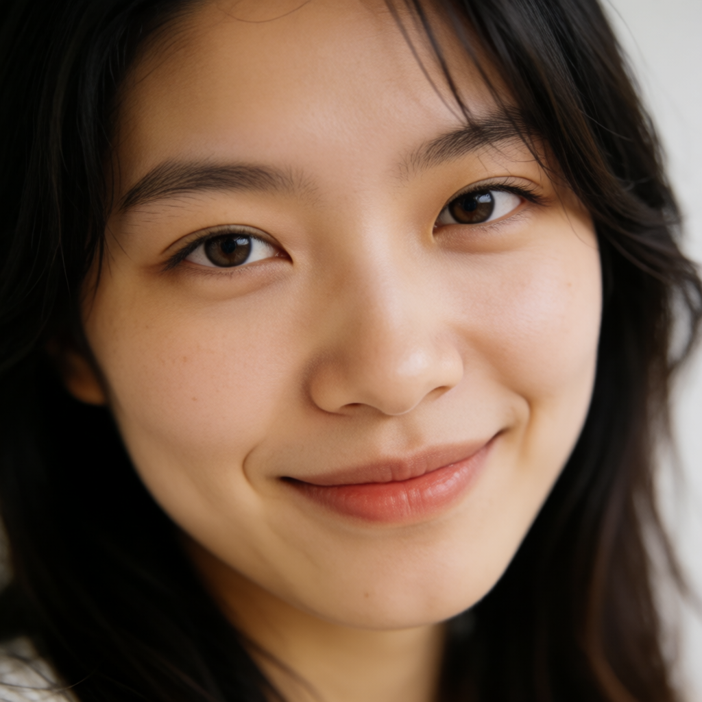 A close-up portrait of a young woman with a warm natural smi