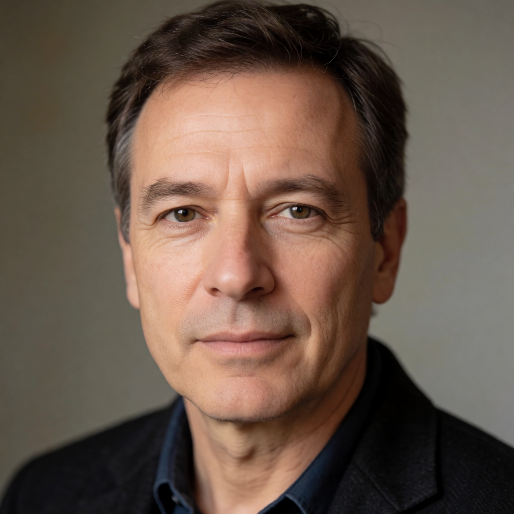 A portrait of a middle-aged man with a calm, serious express