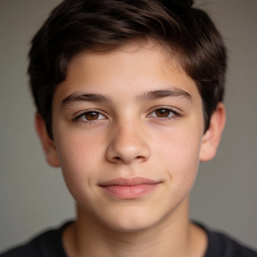 A headshot of a teenager with a relaxed, neutral face
