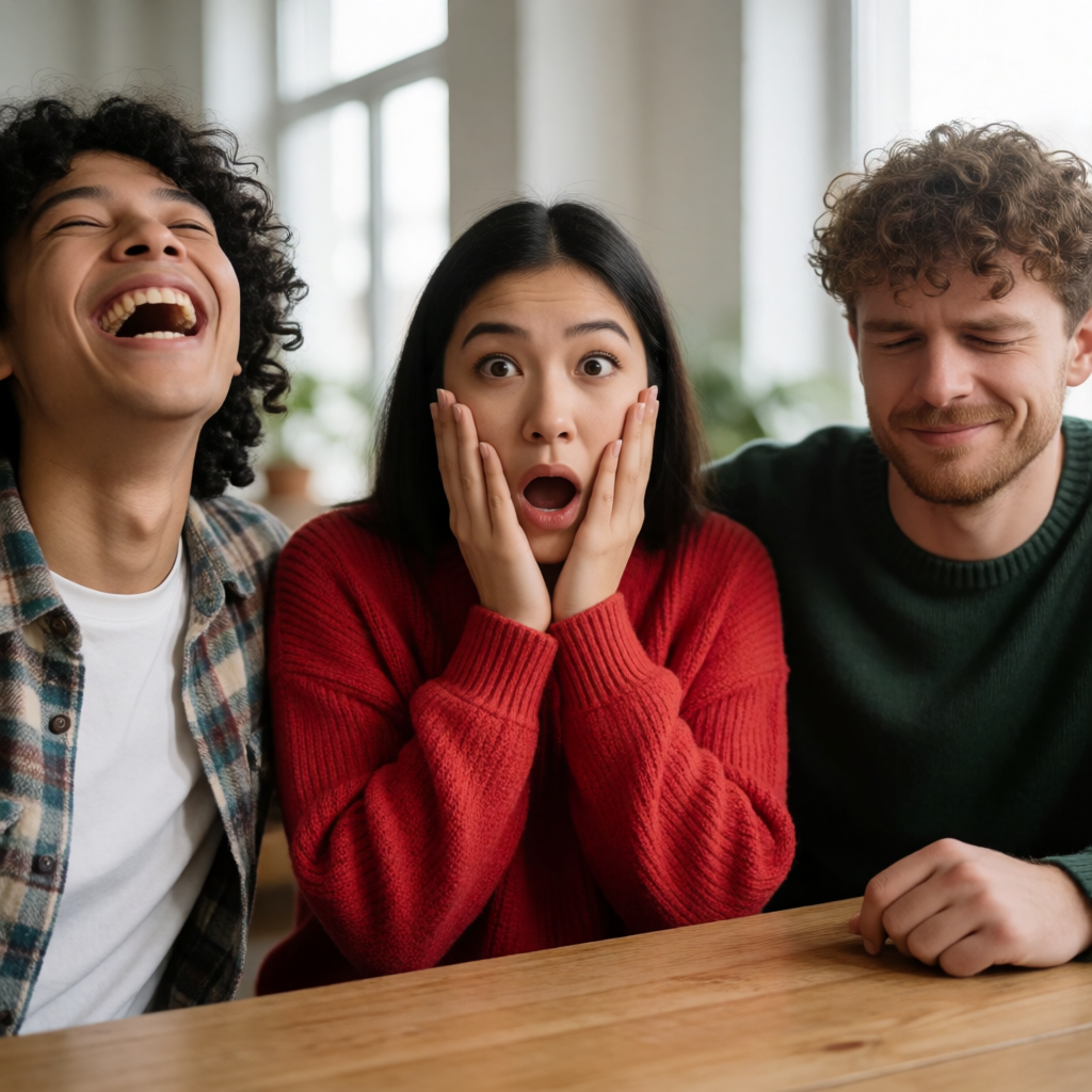 A group of three friends at a table: one laughing with head 