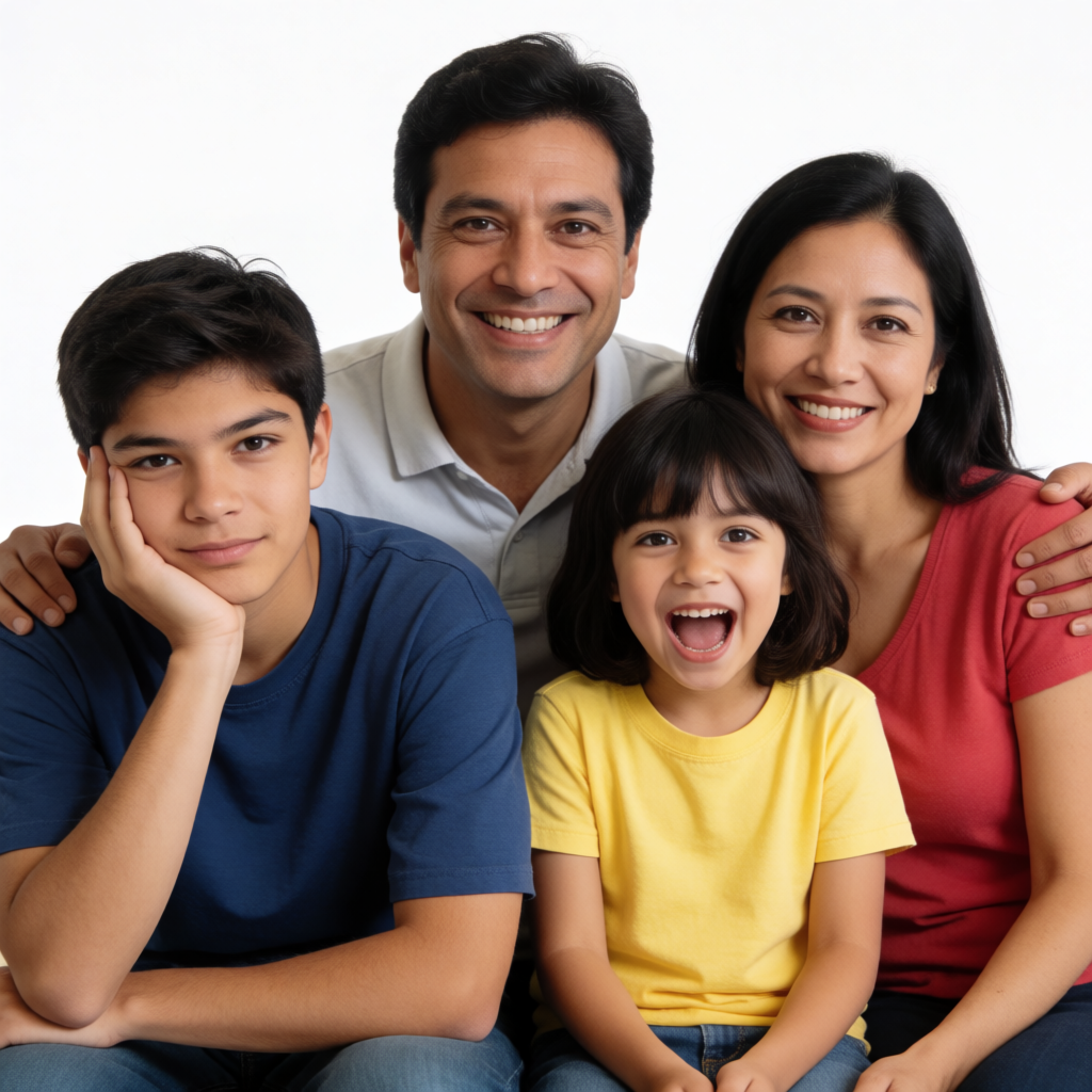 A family photo with four people: a father beaming with pride