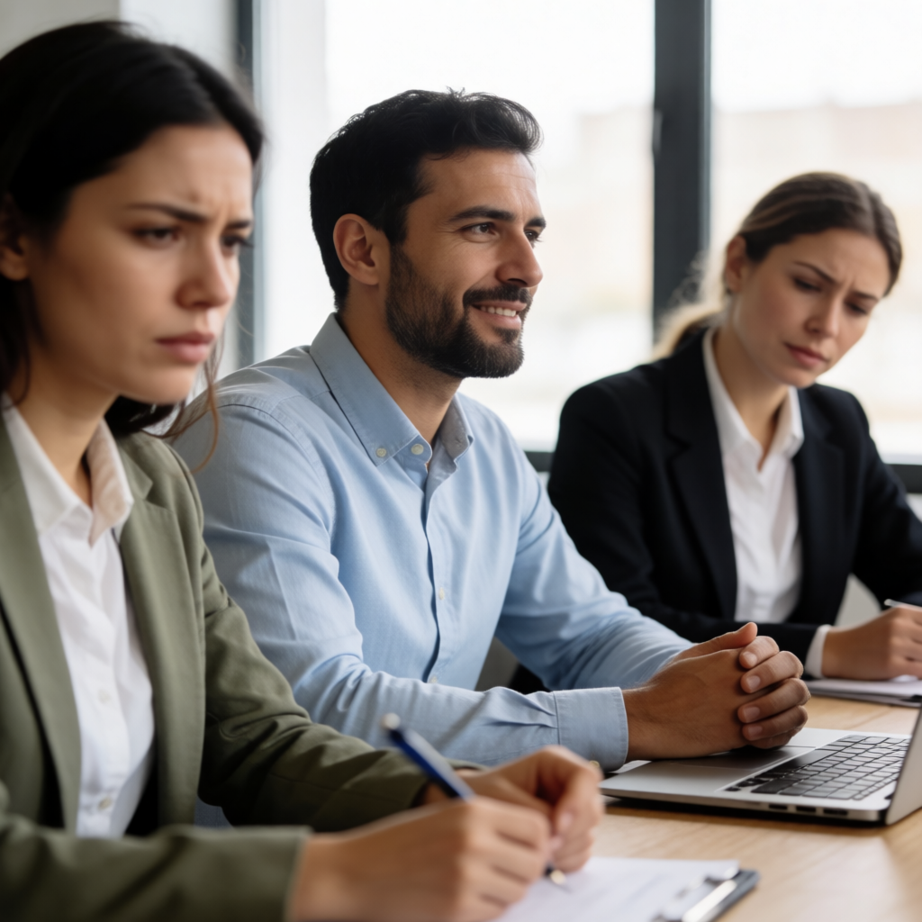 Three coworkers in a meeting: one looking frustrated with fu