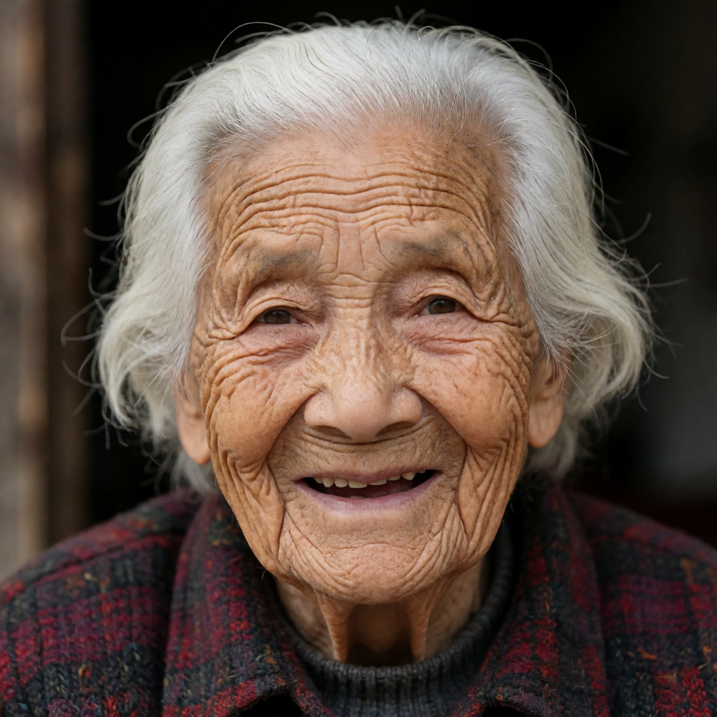 An elderly woman in her 80s with deep wrinkles and white hai