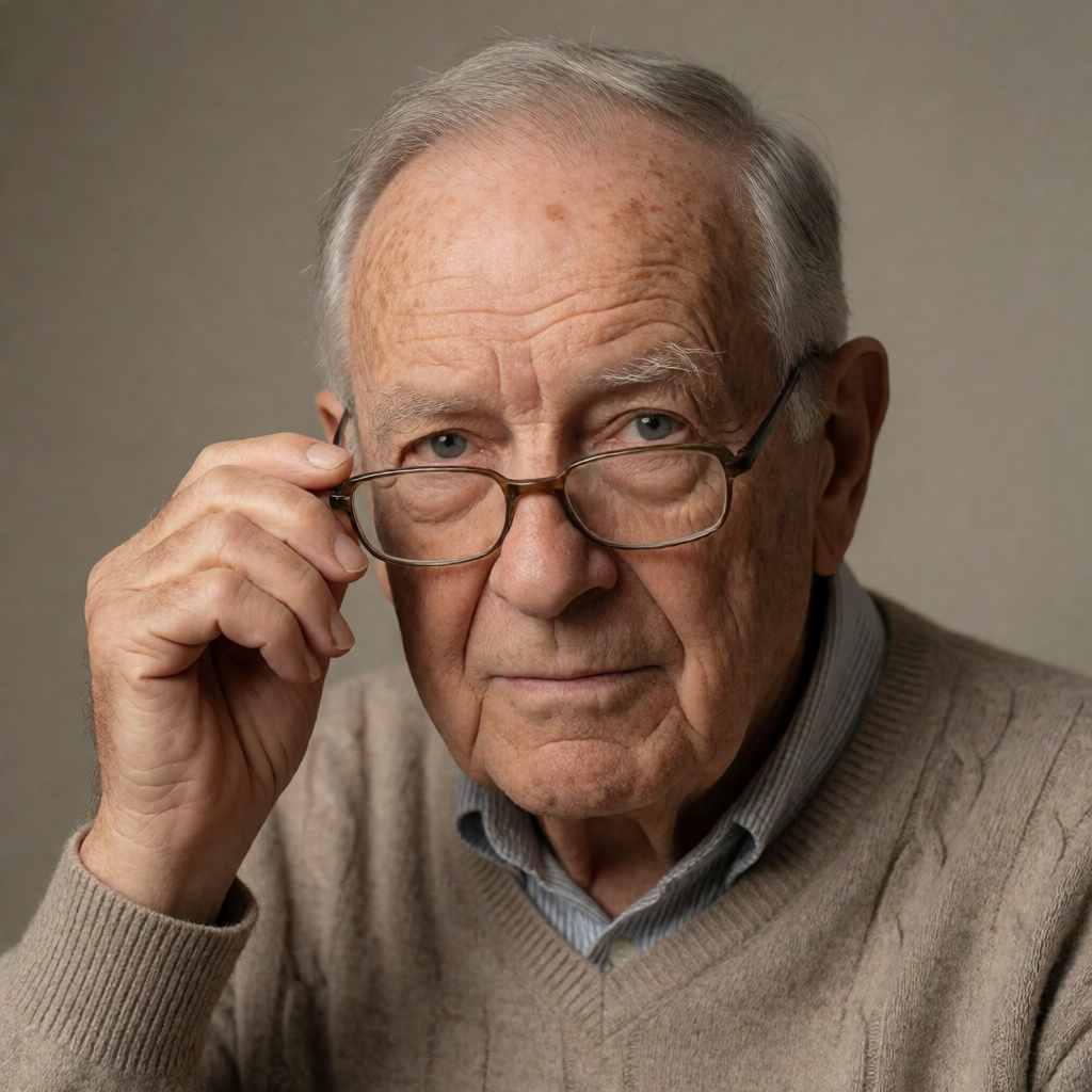 An elderly man in his 70s with age spots and thinning gray h