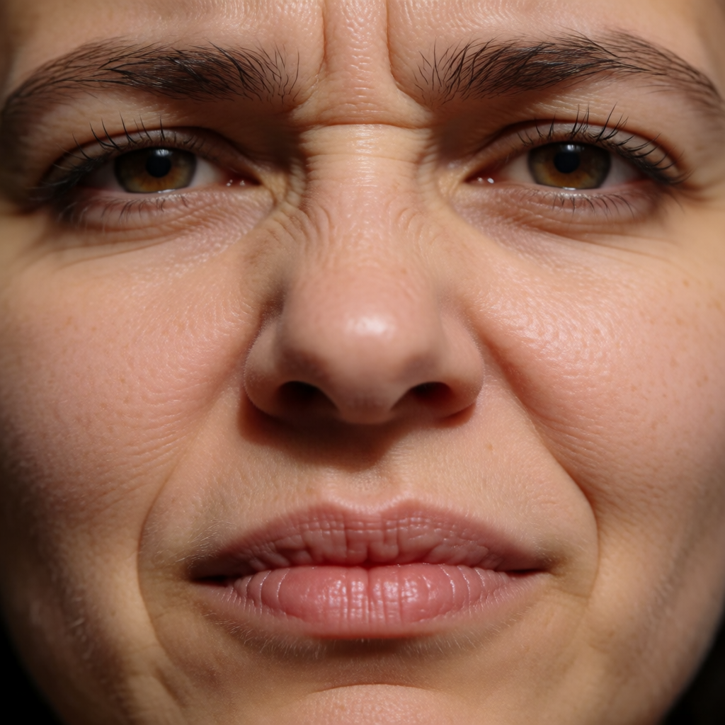 A close-up of a person's face showing clear disgust, nose wr