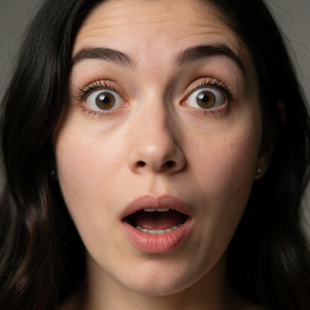 A portrait capturing genuine surprise — raised eyebrows, wid