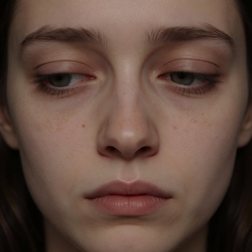 A face showing quiet melancholy — downcast eyes, slightly dr