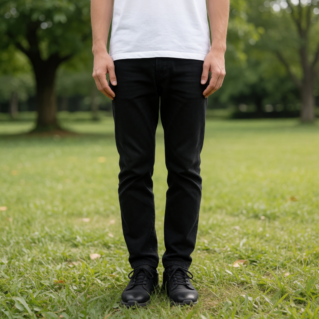 A person standing in a neutral pose in a park, full body vis